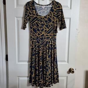 NWT LuLaRoe Women's Navy Gold Geometric Pattern A Line Midi Dress Size Small